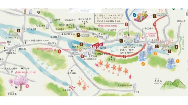 高谷村の温泉施設が続く、湯つづき紅葉街道の地図