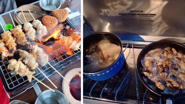 夕食の焼き鳥とアサリの酒蒸しとおでんの画像