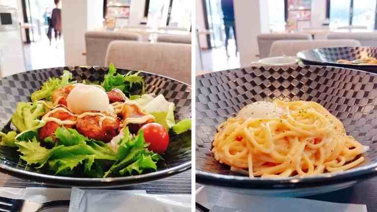 一碧湖でランチで注文したソーセージナポリタンとガリバタチキン丼