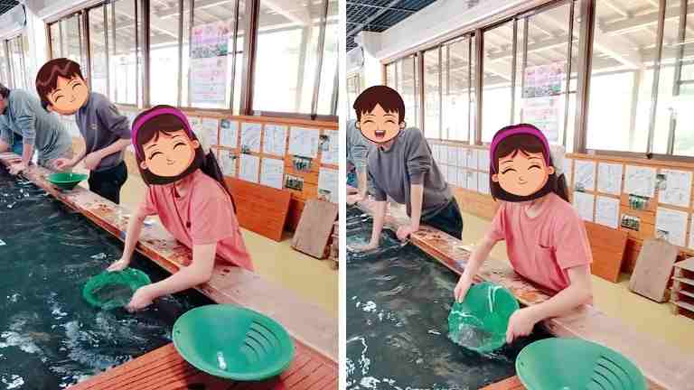 楽しく砂金採りをしている様子